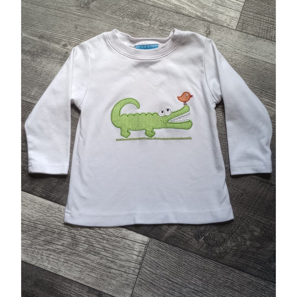 Anavini Boys 24 M Hand Smocked White Long Sleeve T-Shirt With Allegator Applique